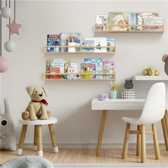 Set of 3 nursery wall book shelves 32 inch floating kids room storage organizer - Picture 5 of 8